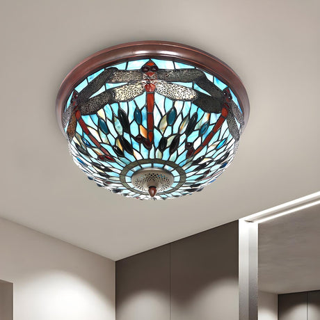 Tiffany Dragonfly Glass Stained Bowl Flush Mount Light Image - 2