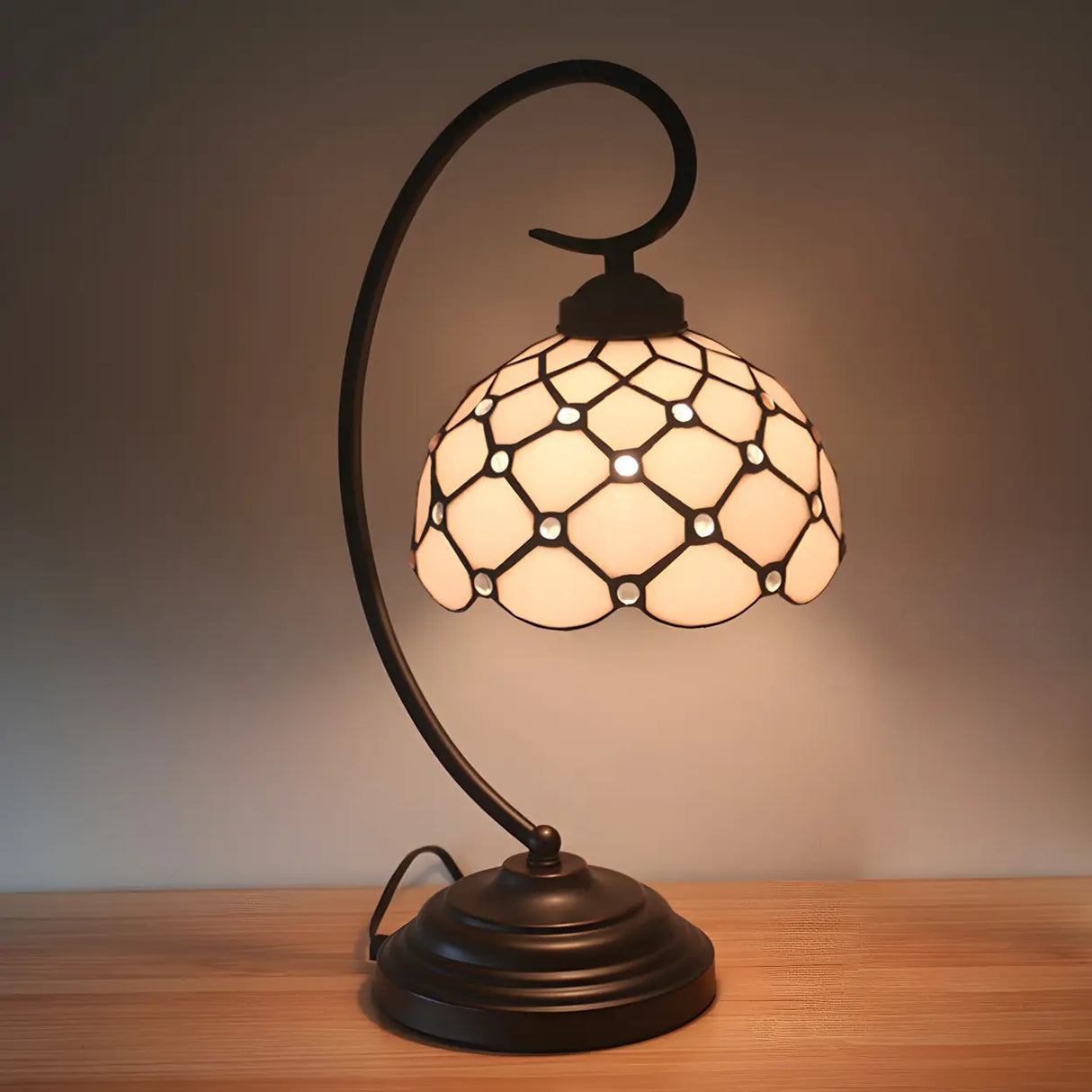 Tiffany Elegant Bronze Bowl Swirl Arm Night Table Lamp Image - 4