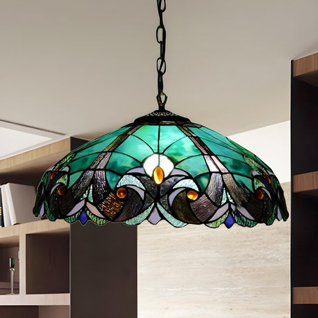 Tiffany Flared Stained Green Blue Glass Pendant Light Image - 1