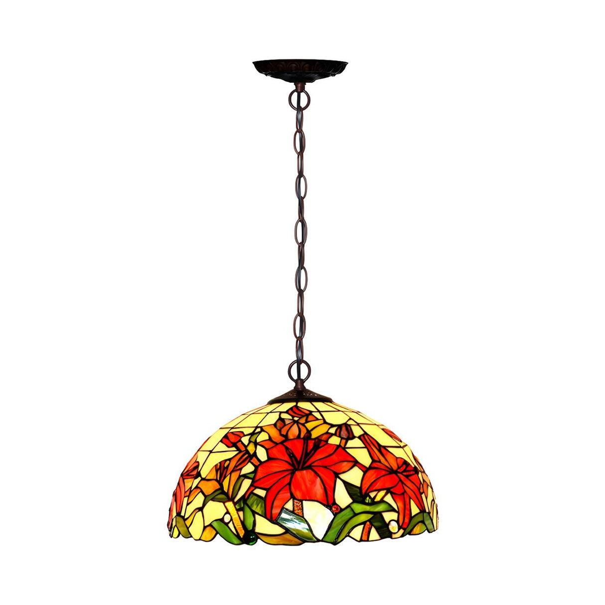 Tiffany Floral Red Stained Glass Dome Pendant Chandelier Image - 3