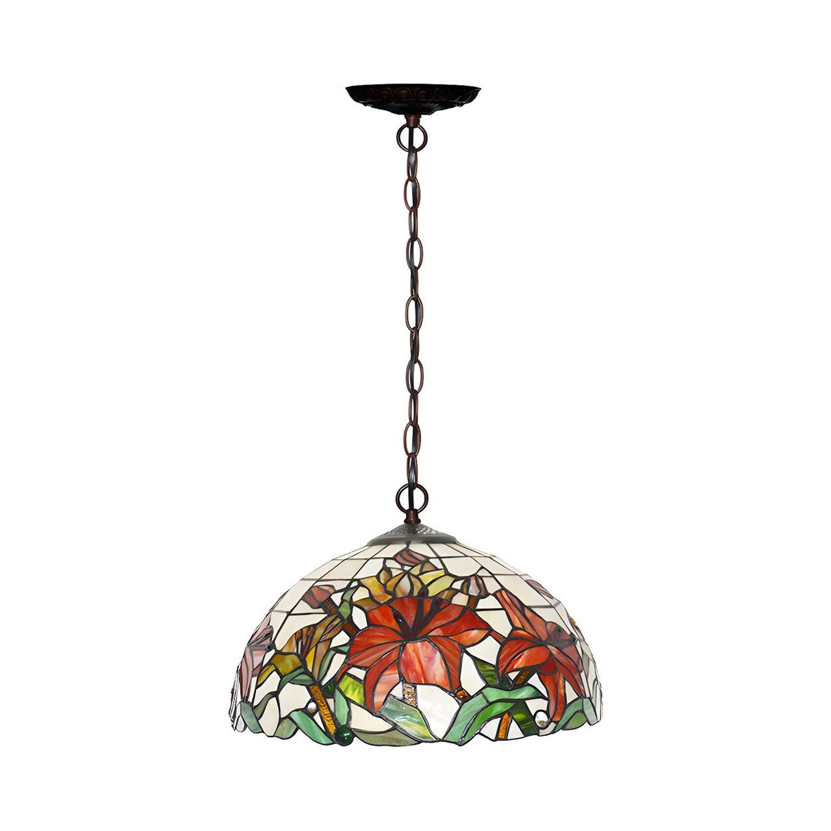 Tiffany Floral Red Stained Glass Dome Pendant Chandelier Image - 4