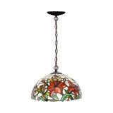 Tiffany Floral Red Stained Glass Dome Pendant Chandelier Image - 4