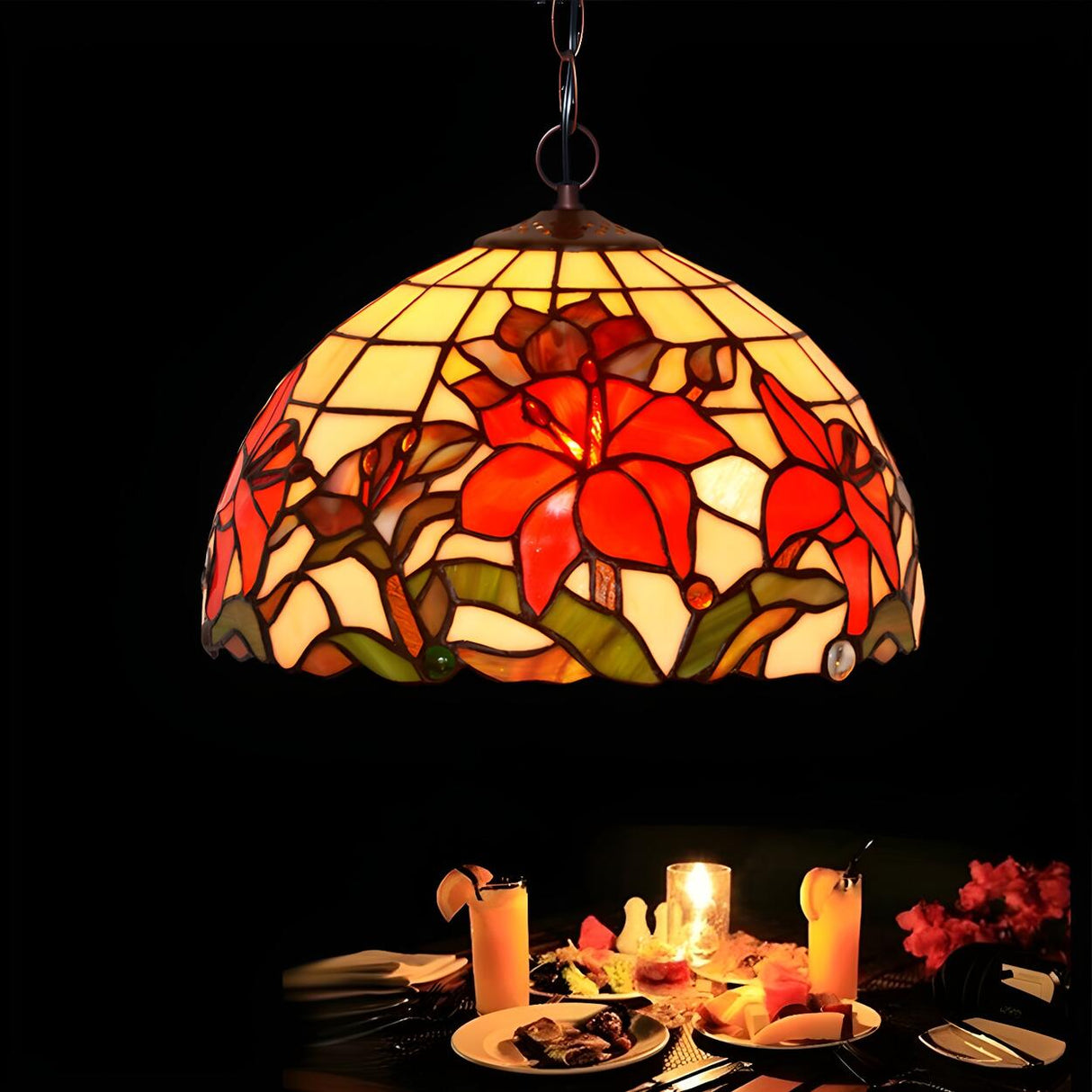 Tiffany Floral Red Stained Glass Dome Pendant Chandelier Image - 5