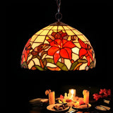 Tiffany Floral Red Stained Glass Dome Pendant Chandelier Image - 5