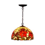 Tiffany Floral Red Stained Glass Dome Pendant Chandelier Image - 6