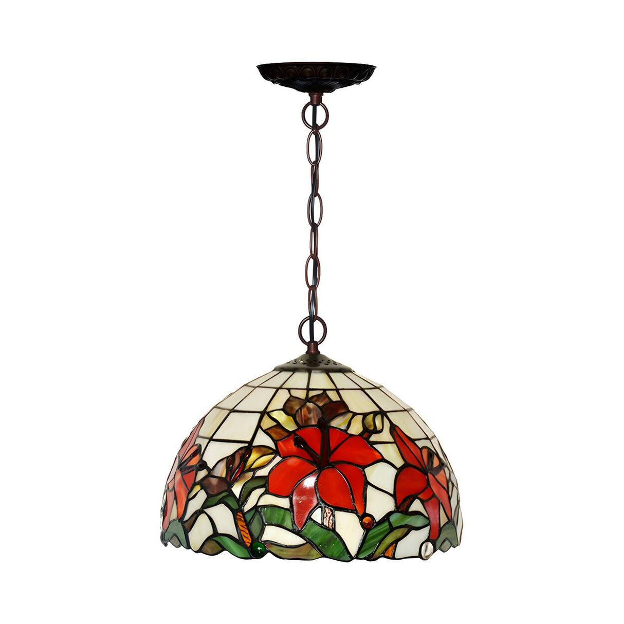 Tiffany Floral Red Stained Glass Dome Pendant Chandelier Image - 7