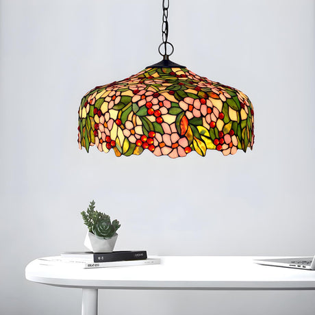 Tiffany Floral Stained Glass Pink Pendant Chandelier Light Image - 2