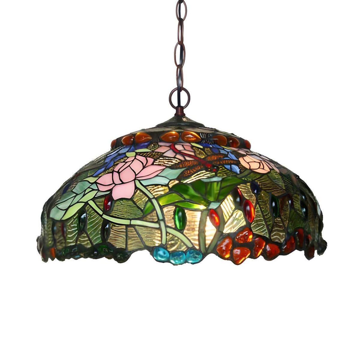 Tiffany Floral Stained Glass Pink Pendant Chandelier Light Image - 5