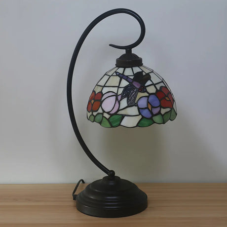 Tiffany Glass Flower Pattern Metal Curved Arm Desk Lamp Image - 1