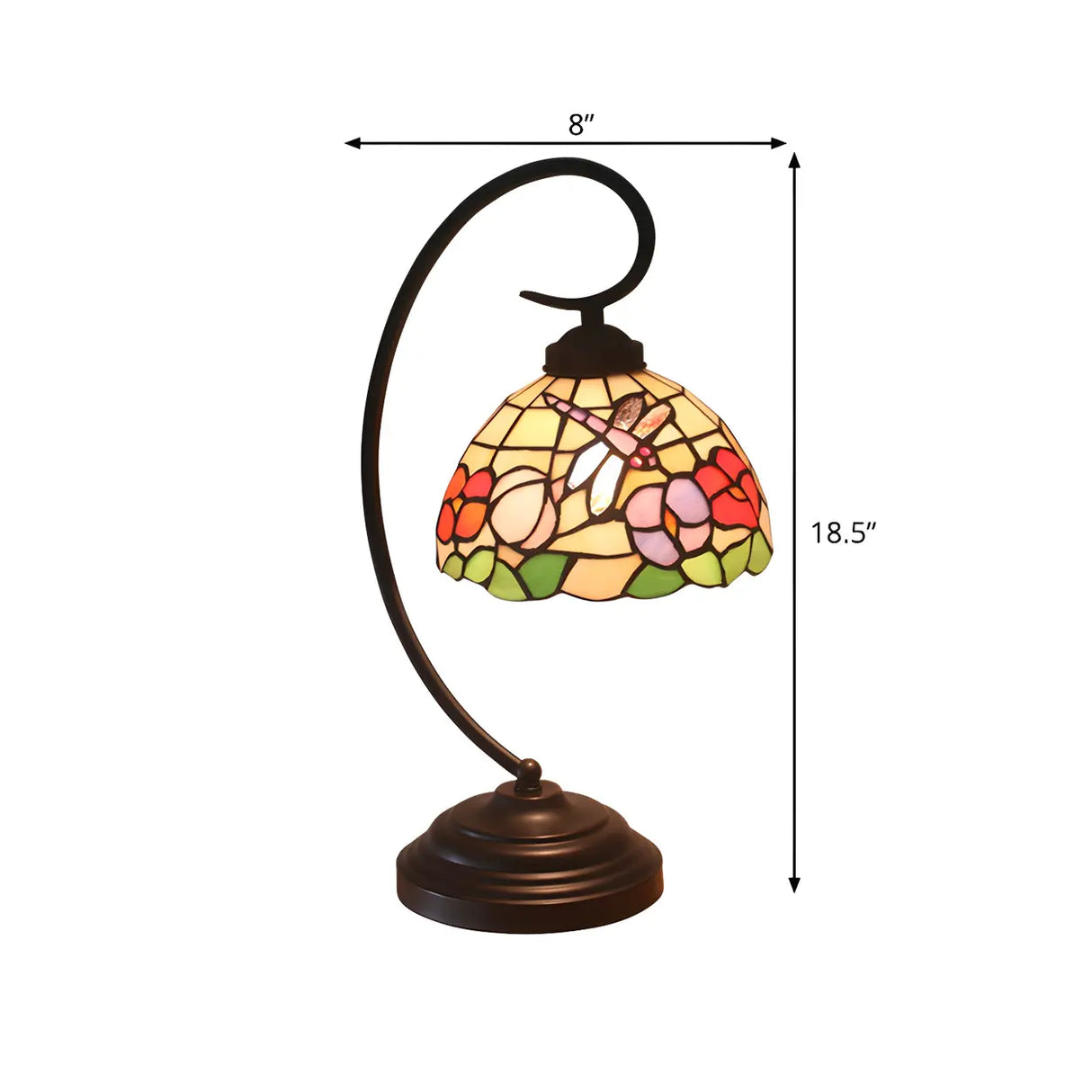 Tiffany Glass Flower Pattern Metal Curved Arm Desk Lamp 