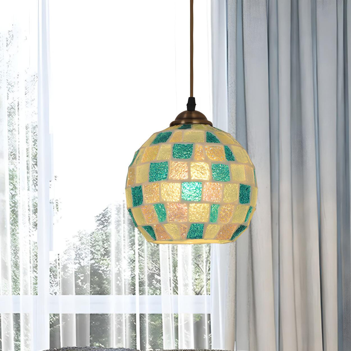 Tiffany Green Colorful Mosaic Glass Globe Pendant Light Image - 1