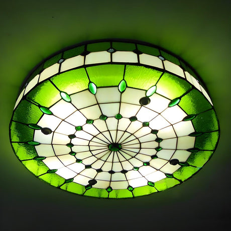 Tiffany Green Round Glass Flush Mount Ceiling Light Image - 1