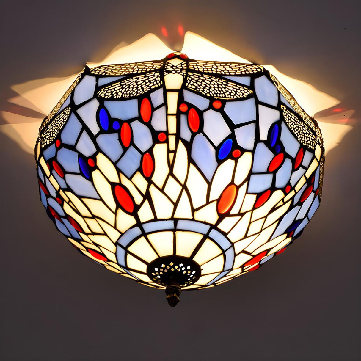 Tiffany Mini Bowl Dragonfly Glass Flush Mount Light Image - 11