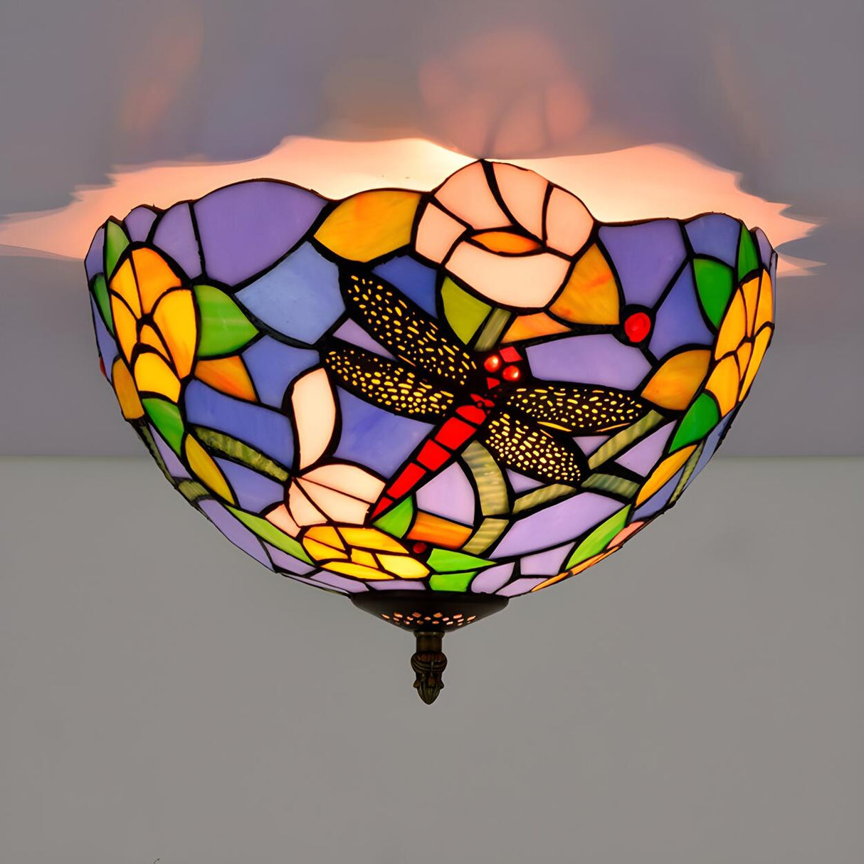 Tiffany Mini Bowl Dragonfly Glass Flush Mount Light Image - 2