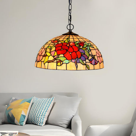 Tiffany Red Stained Glass Floral Dome Bedroom Chandelier Image - 2