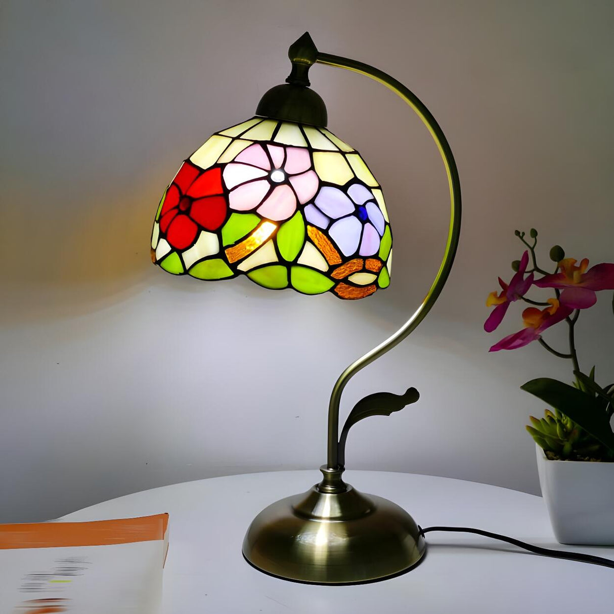 Tiffany Stained Floral Glass Curved Arm Table Lamp Image - 1