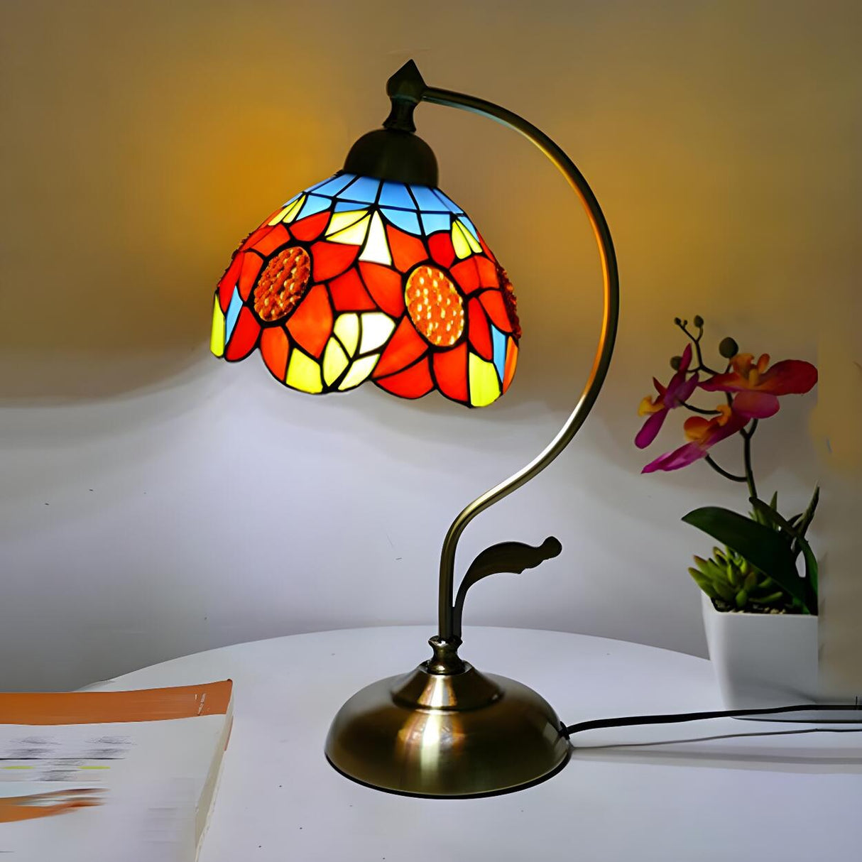 Tiffany Stained Floral Glass Curved Arm Table Lamp Image - 15