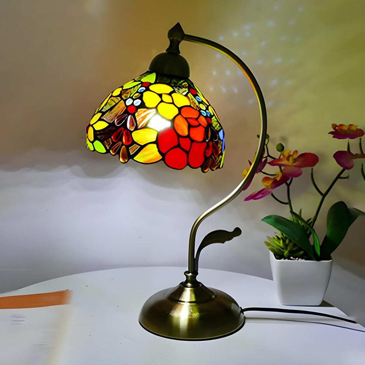 Tiffany Stained Floral Glass Curved Arm Table Lamp Image - 18