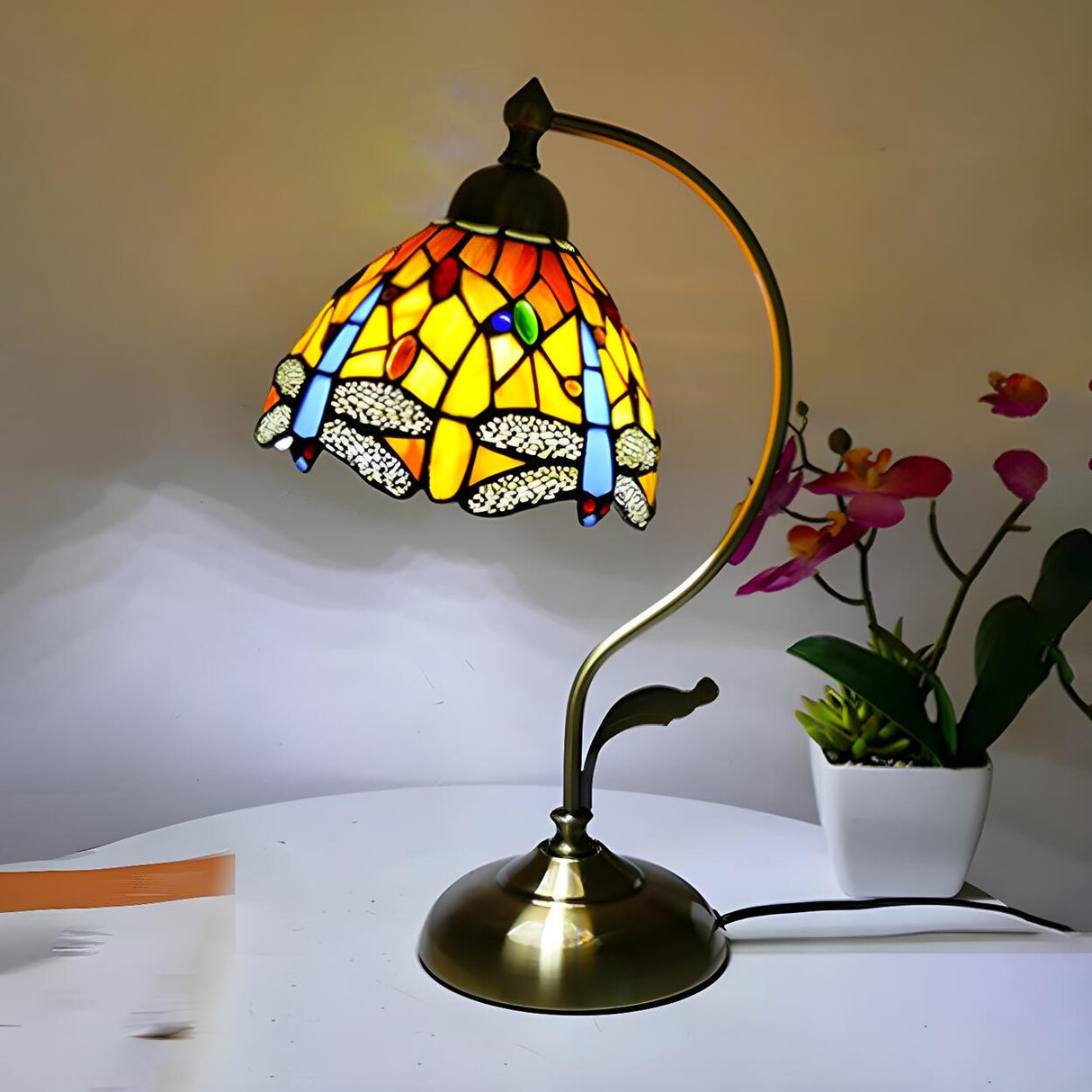 Tiffany Stained Floral Glass Curved Arm Table Lamp Image - 20