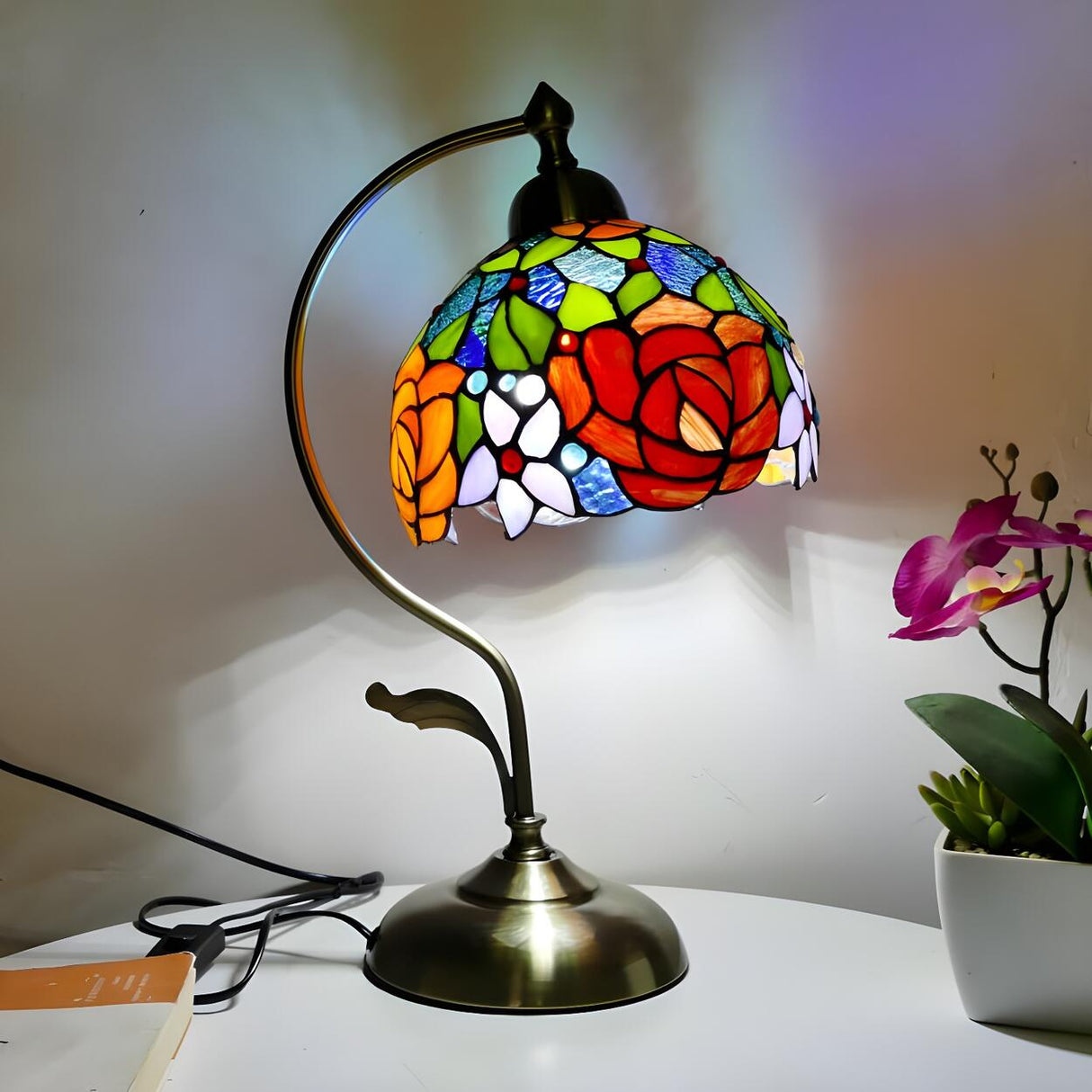 Tiffany Stained Floral Glass Curved Arm Table Lamp Image - 3