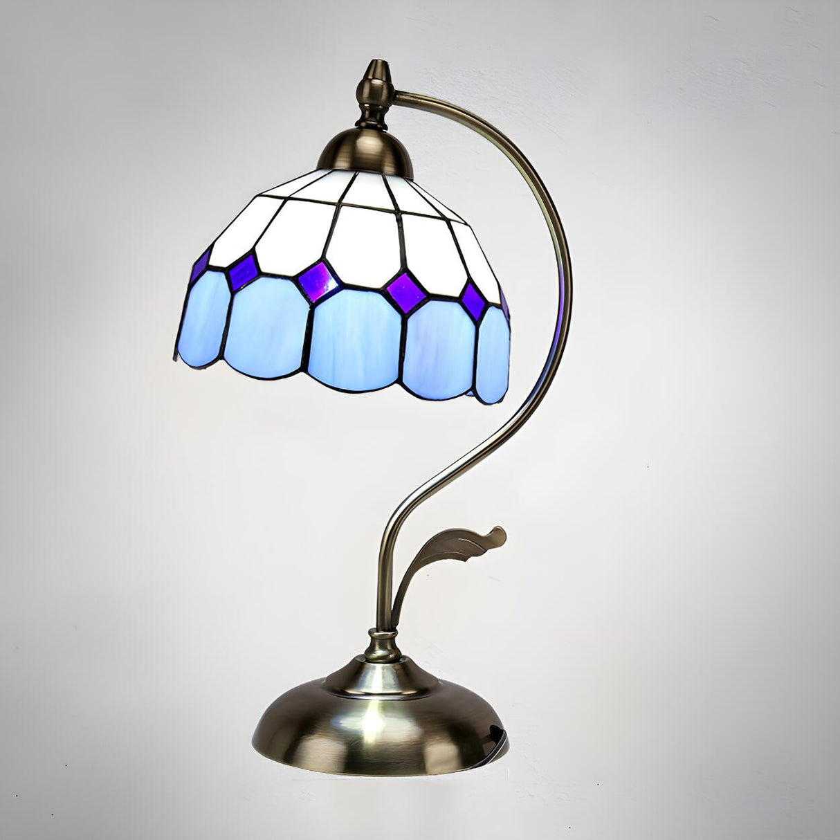 Tiffany Stained Floral Glass Curved Arm Table Lamp Image - 4