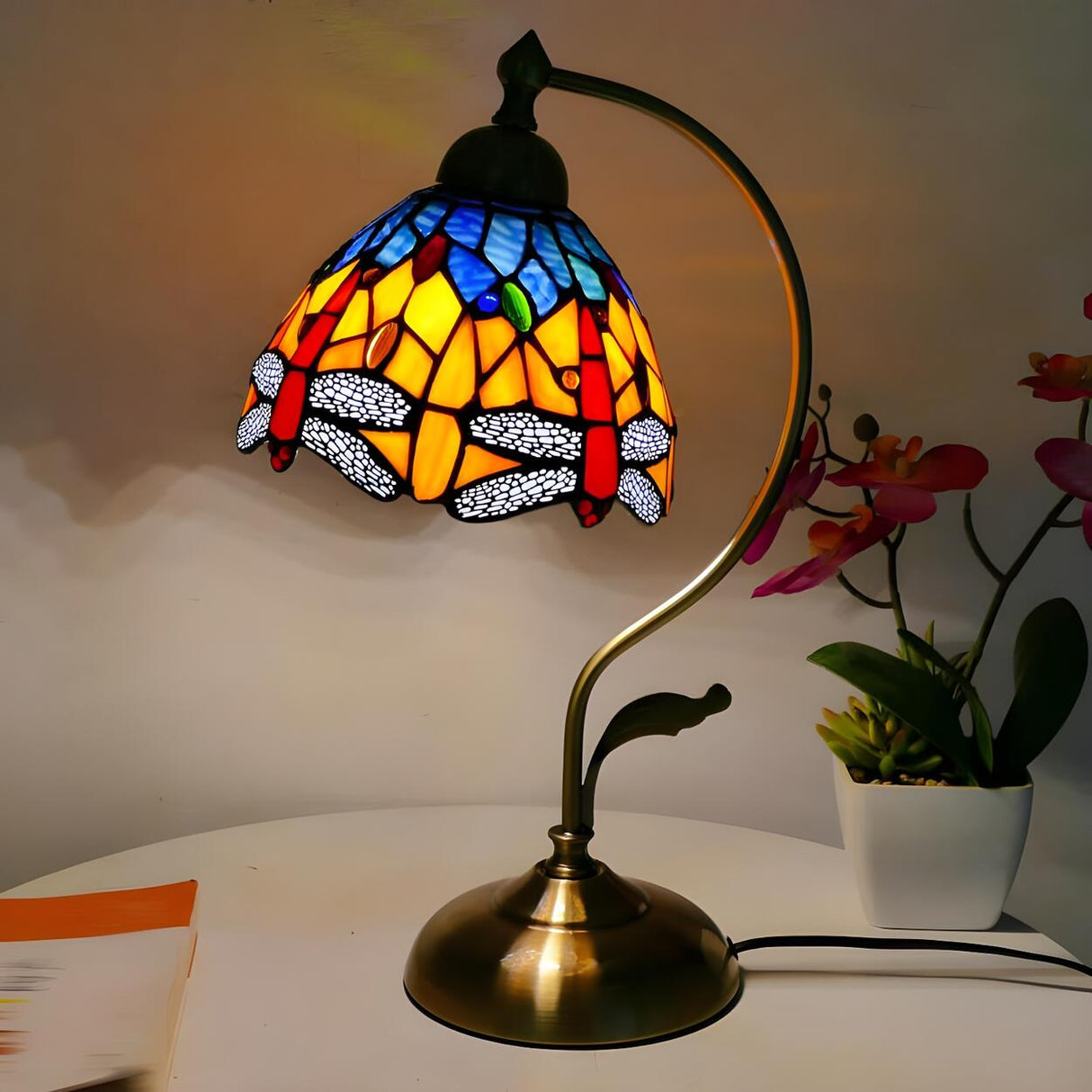 Tiffany Stained Floral Glass Curved Arm Table Lamp Image - 5