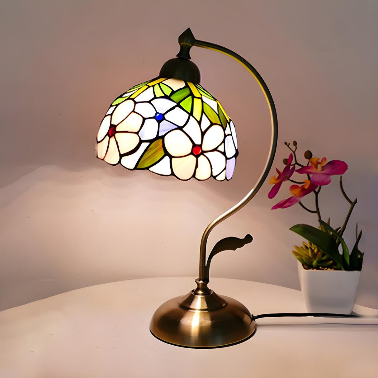 Tiffany Stained Floral Glass Curved Arm Table Lamp Image - 8