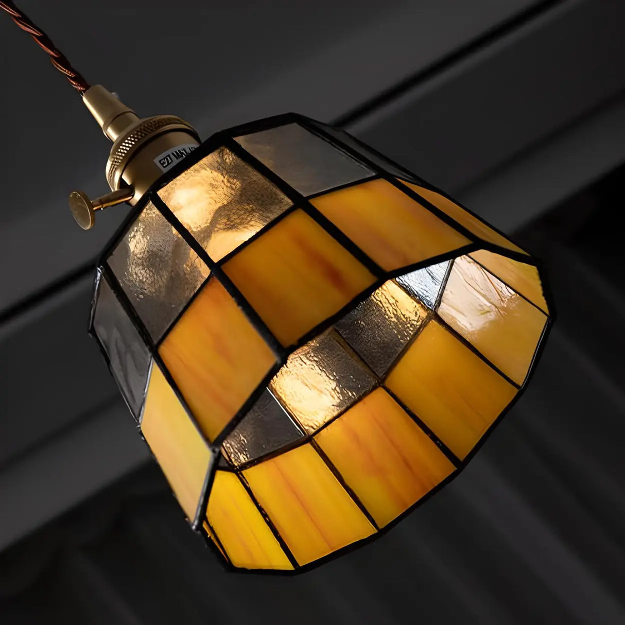 Tiffany Stained Yellow Black Glass Tapered Pendant Light Image - 8