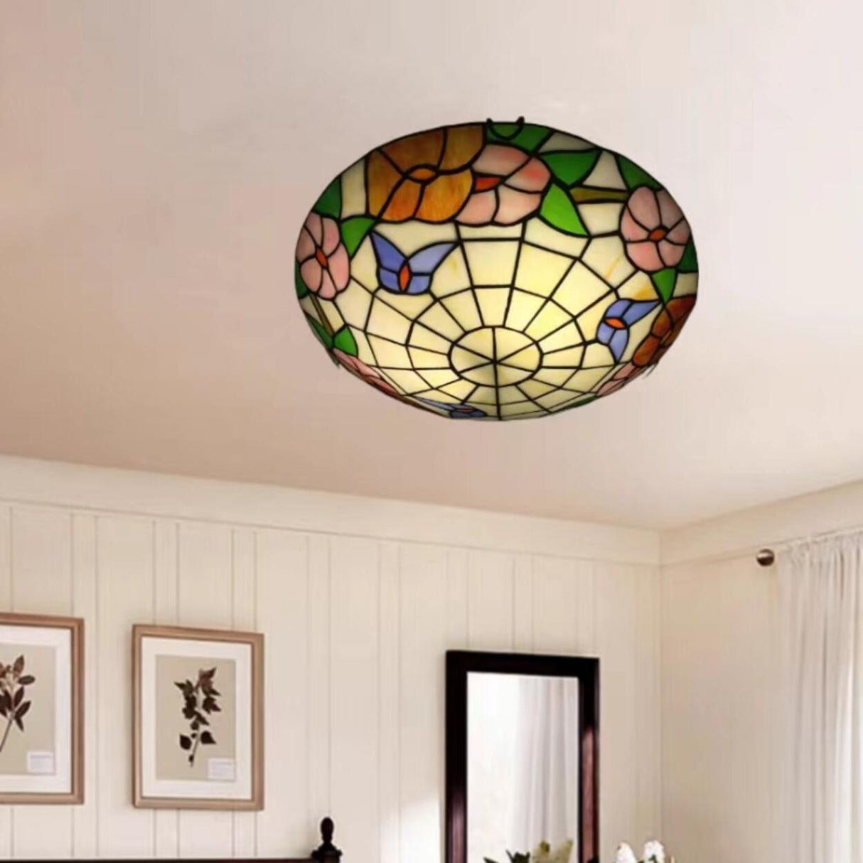 Tiffany Vaulted Stained Floral Glass Flush Mount Light Image - 3