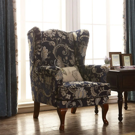 Toile Pattern Round Arm Fixed Back Wingback Chair Image - 1