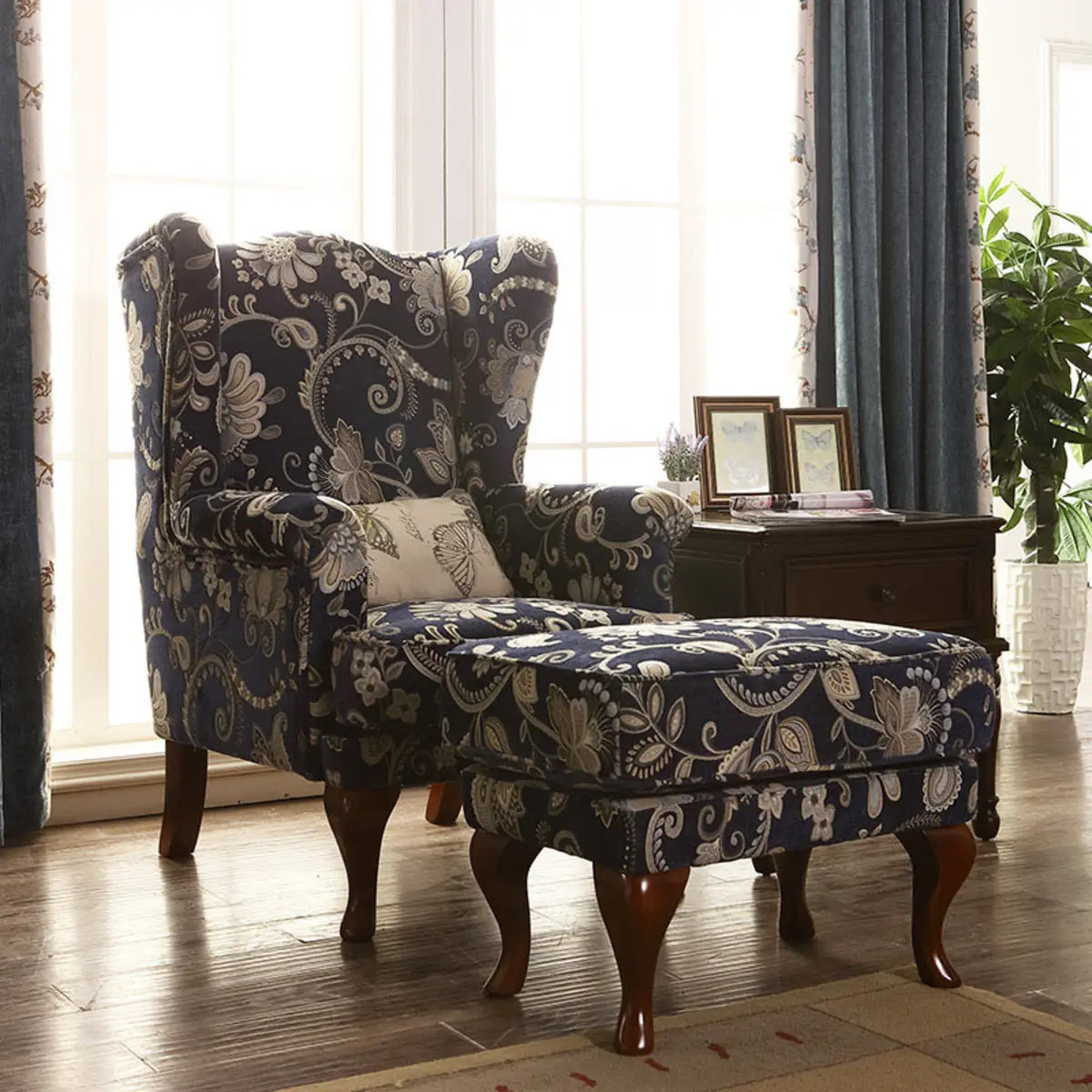 Toile Pattern Round Arm Fixed Back Wingback Chair Image - 3