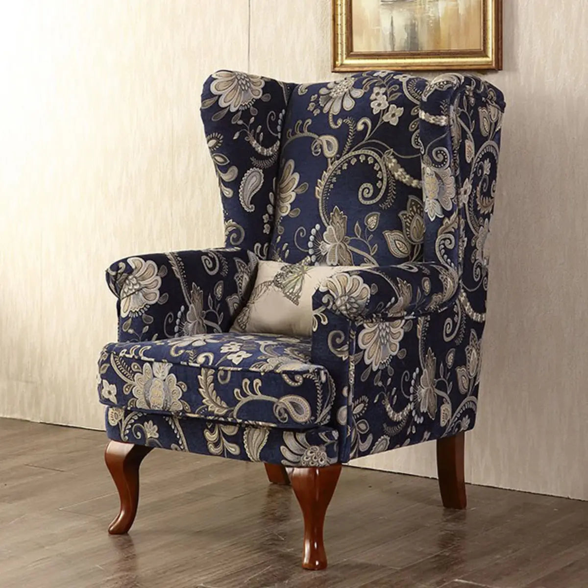 Toile Pattern Round Arm Fixed Back Wingback Chair Image - 6