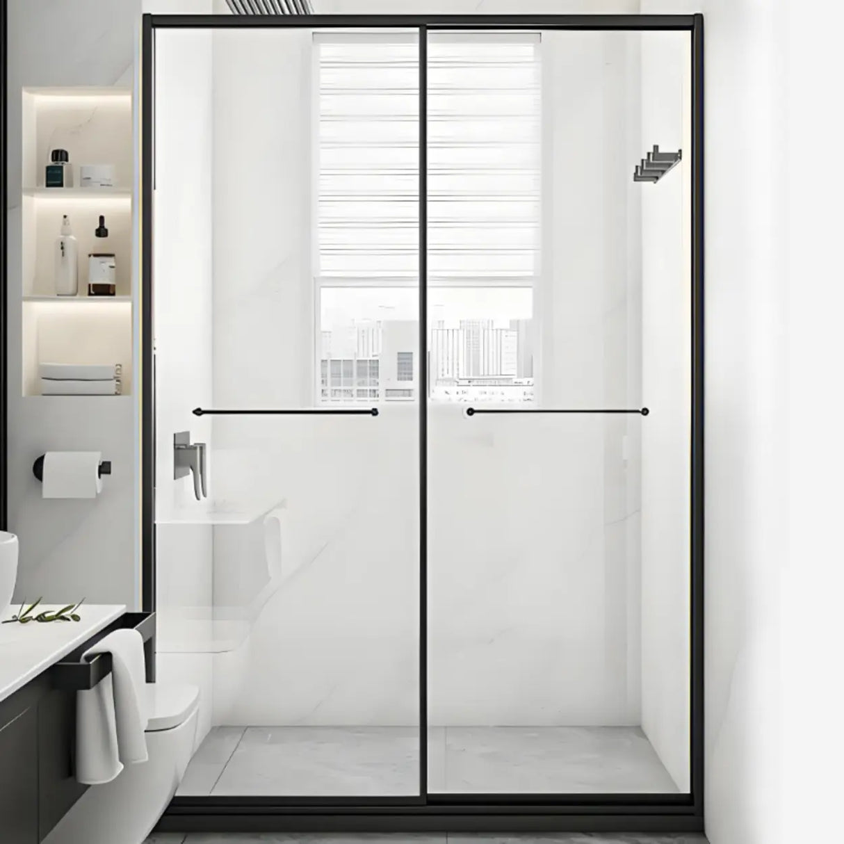 Towel Bar  and Handle Double Sliding Glass Shower Door Image - 1