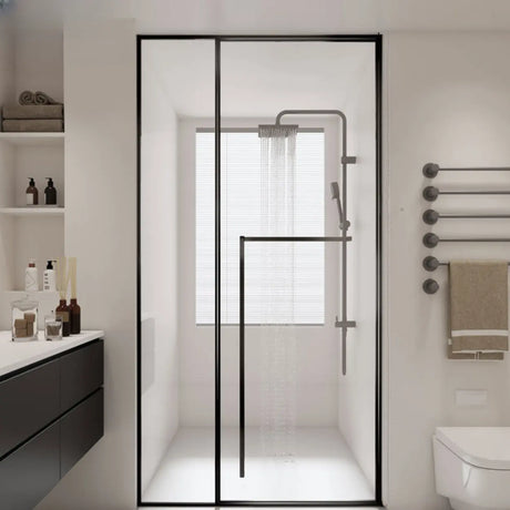 Towel Bar Included Clear Frameless Pivot Shower Door Image - 2