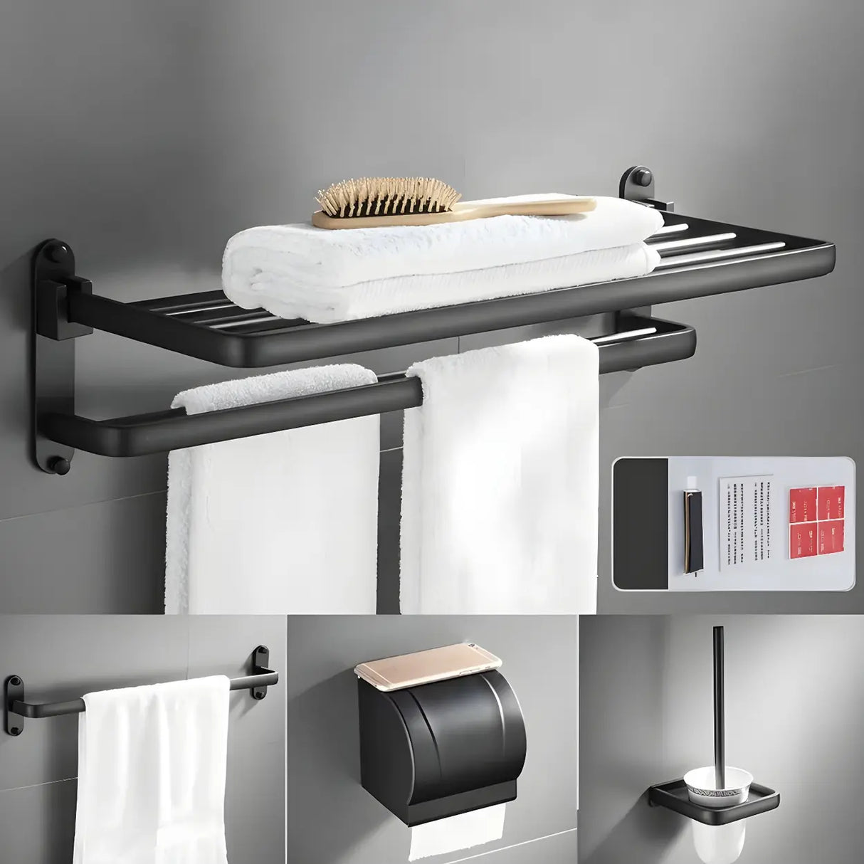 Towel Rack Shelf Black Metal Bathroom Hardware Set Image - 11