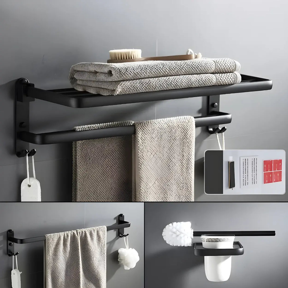 Towel Rack Shelf Black Metal Bathroom Hardware Set Image - 13