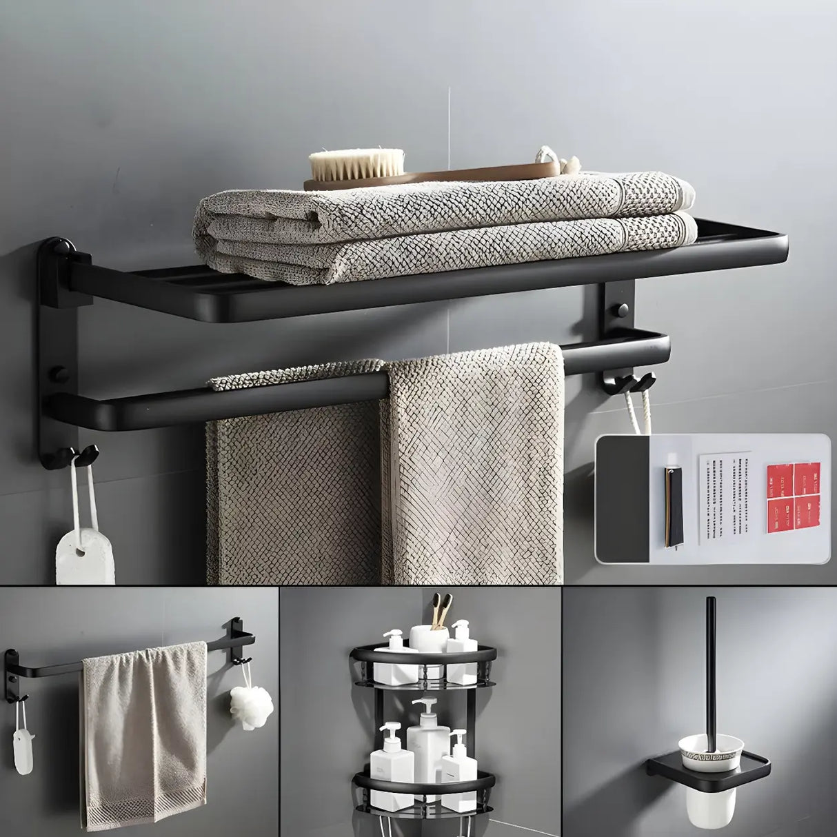 Towel Rack Shelf Black Metal Bathroom Hardware Set Image - 17