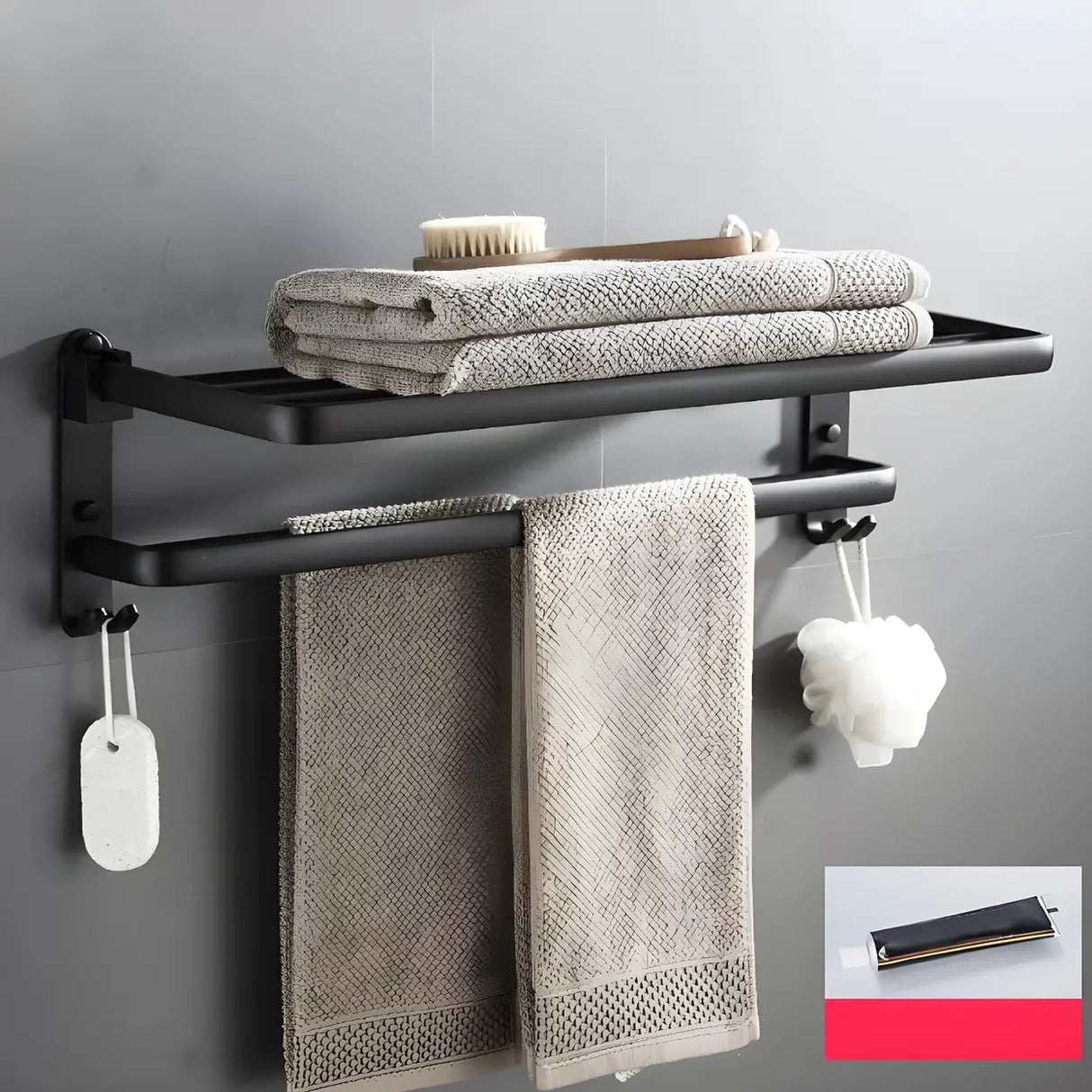 Towel Rack Shelf Black Metal Bathroom Hardware Set Image - 19