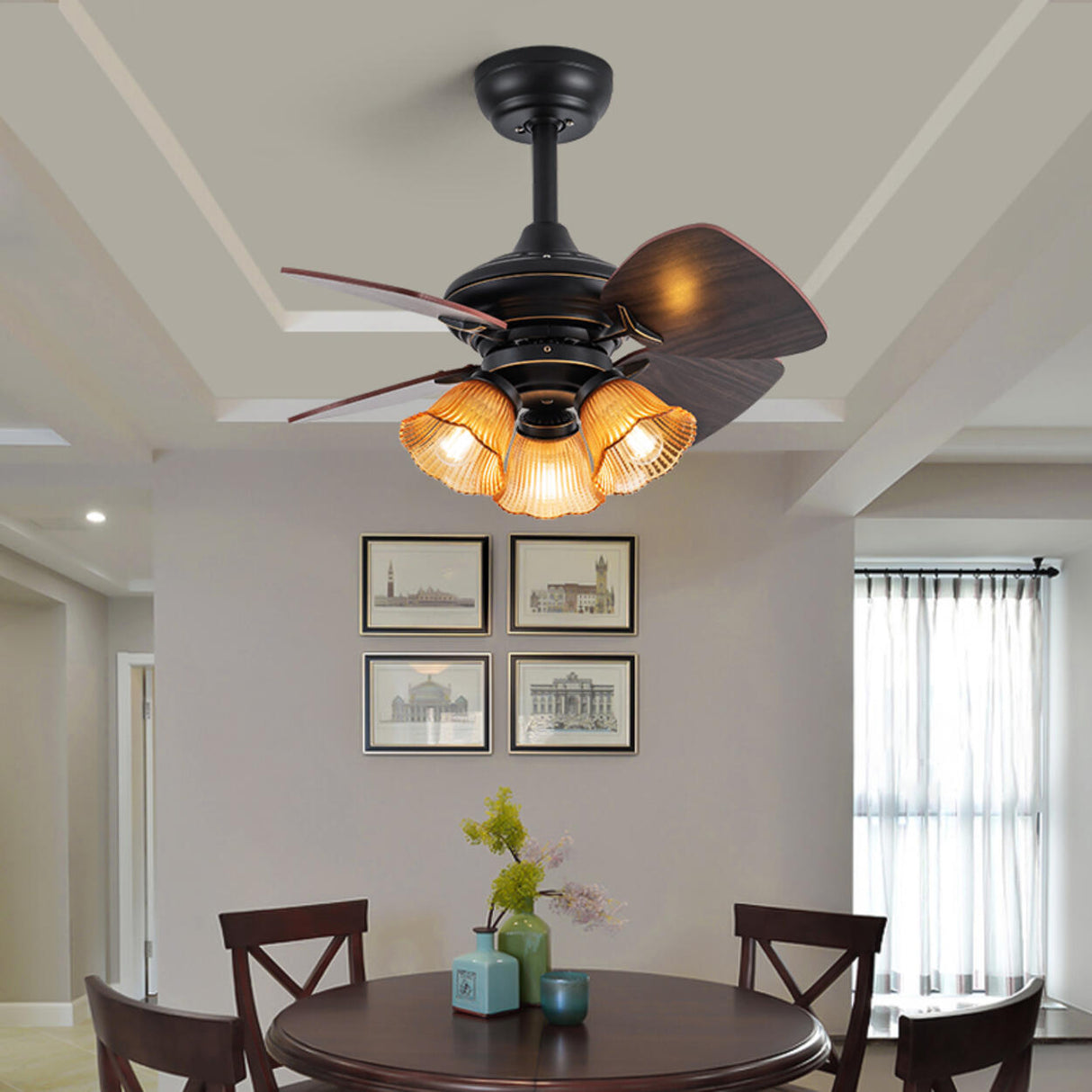 Traditional 4 Blade Flower Shades Ceiling Fan Lights Image - 1