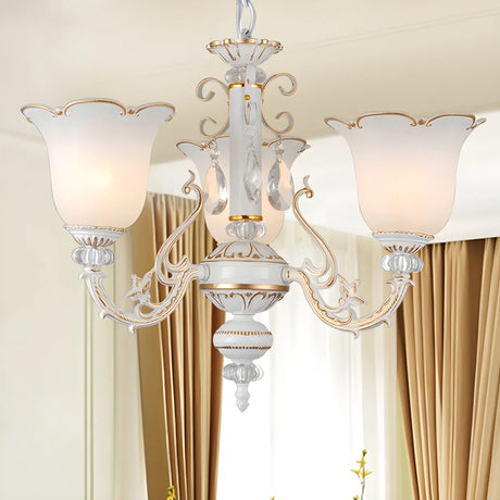 Traditional Beige Floral Chandelier Glass Bedroom Pendant Image - 1