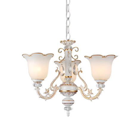 Traditional Beige Floral Chandelier Glass Bedroom Pendant Image - 2