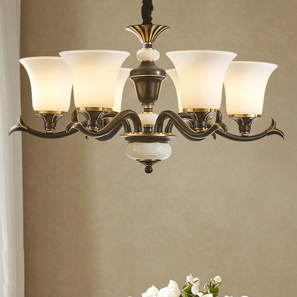 Traditional Bell Frosted Glass Chandelier Black Large Image - 20