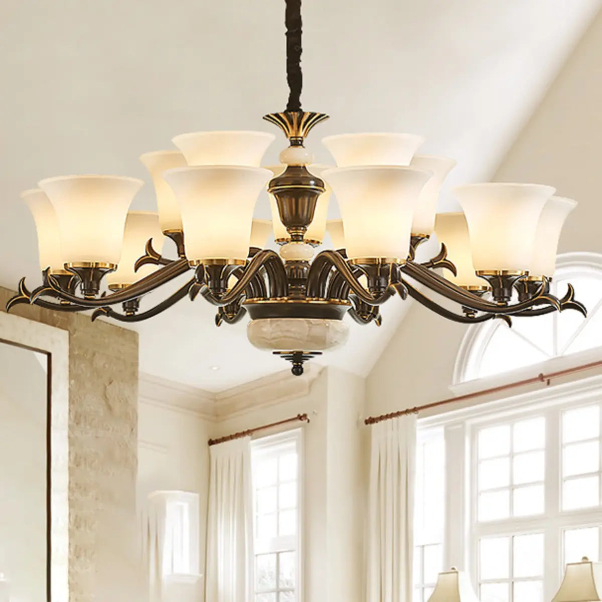 Traditional Bell Frosted Glass Chandelier Black Large Image - 24