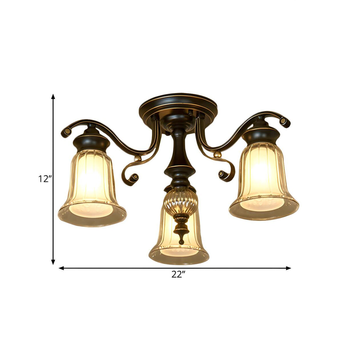 Traditional Bell Glass Semi-Flush Mount Light 3-Light 