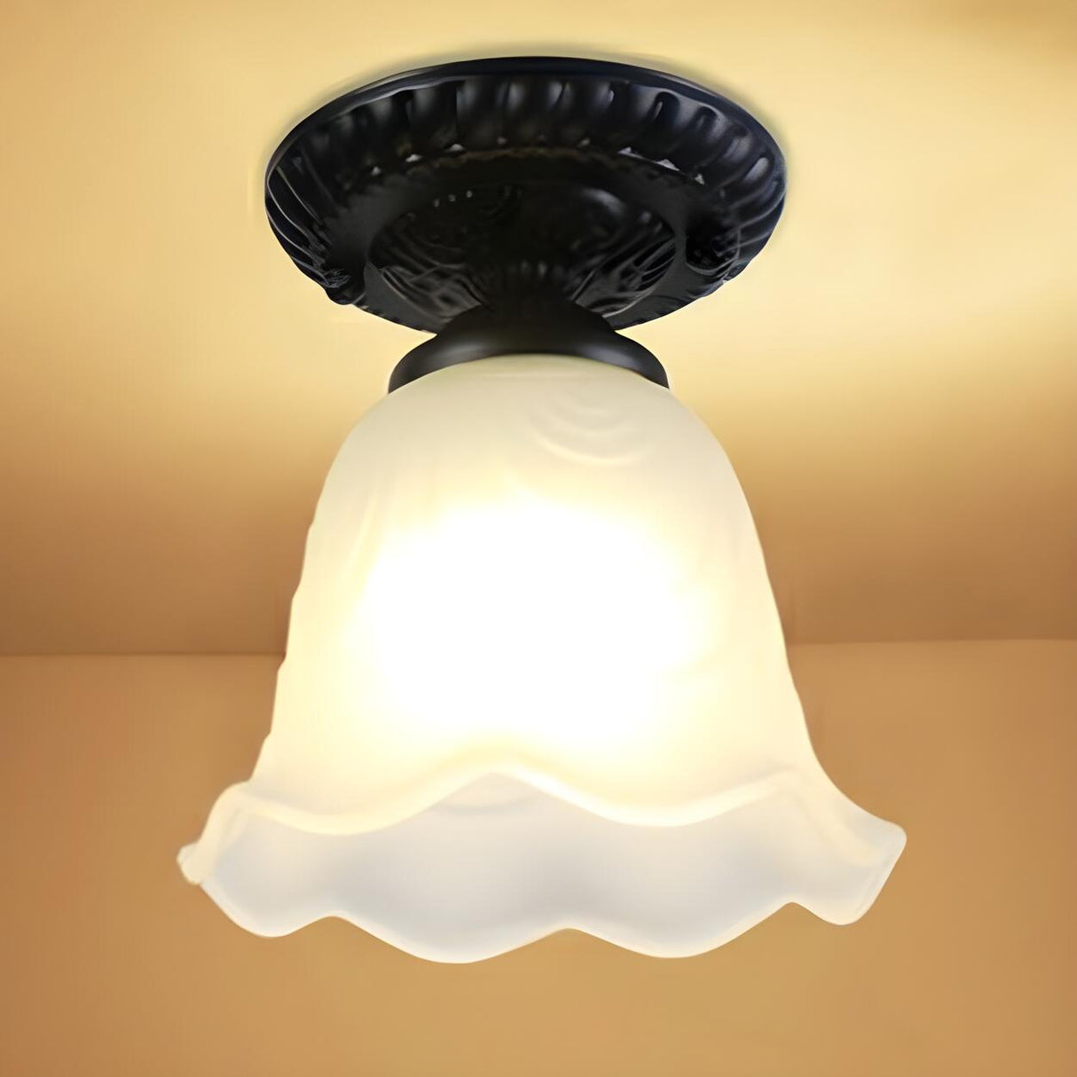 Traditional Black Bell Glass Semi-Flush Mount Light Image - 11