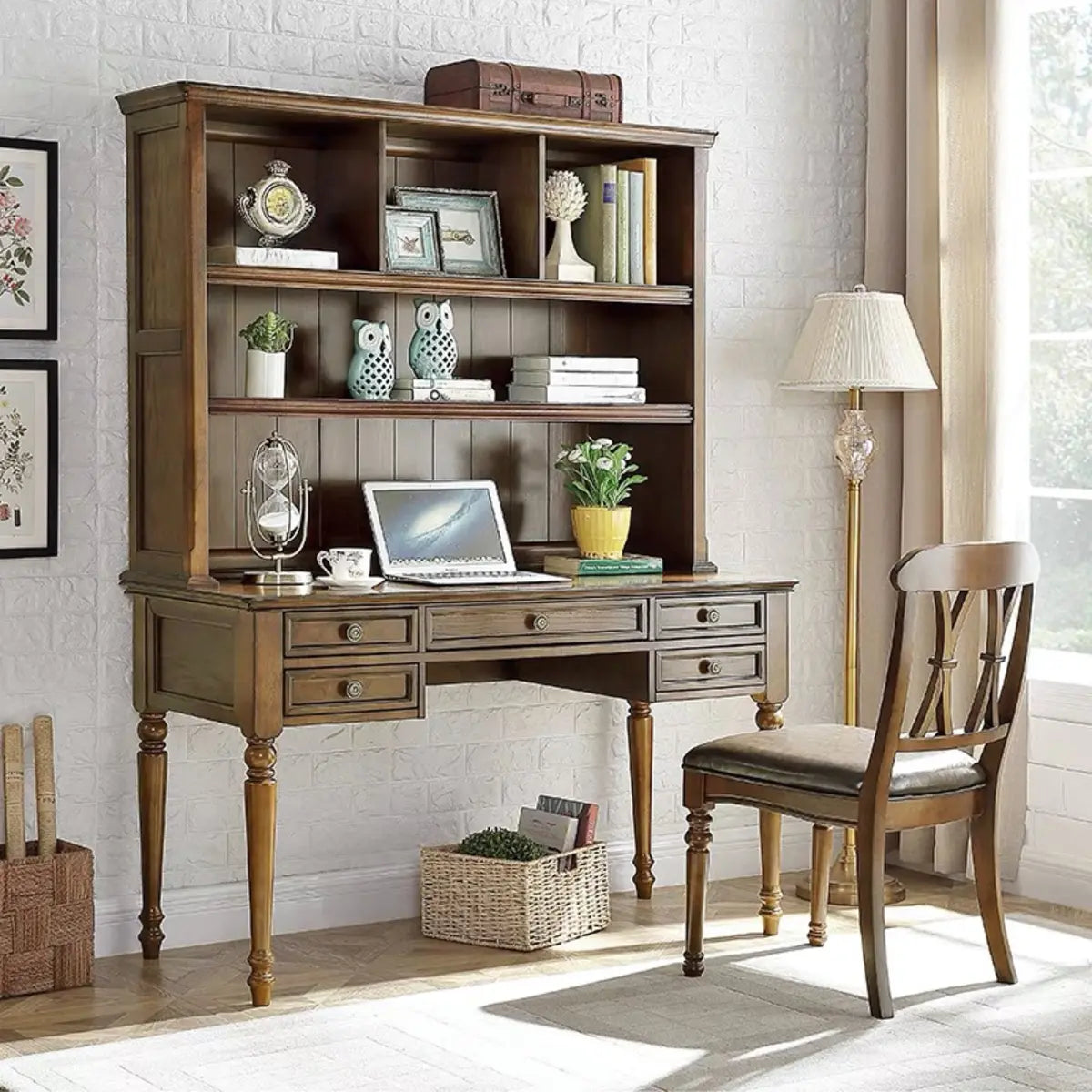 Traditional Bookcases Drawers Rubberwood Credenza Desk Image - 1