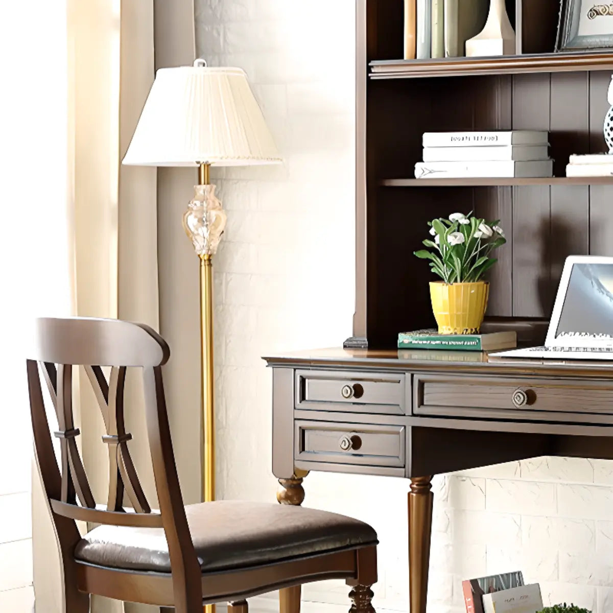 Traditional Bookcases Drawers Rubberwood Credenza Desk Image - 6