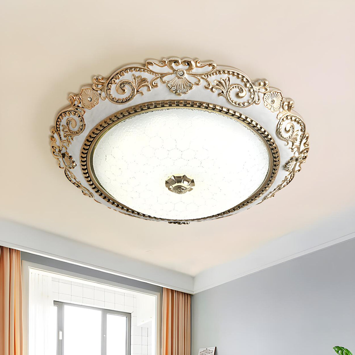 Traditional Bowl-Shaped Carving LED Flush Mount Light Image - 2