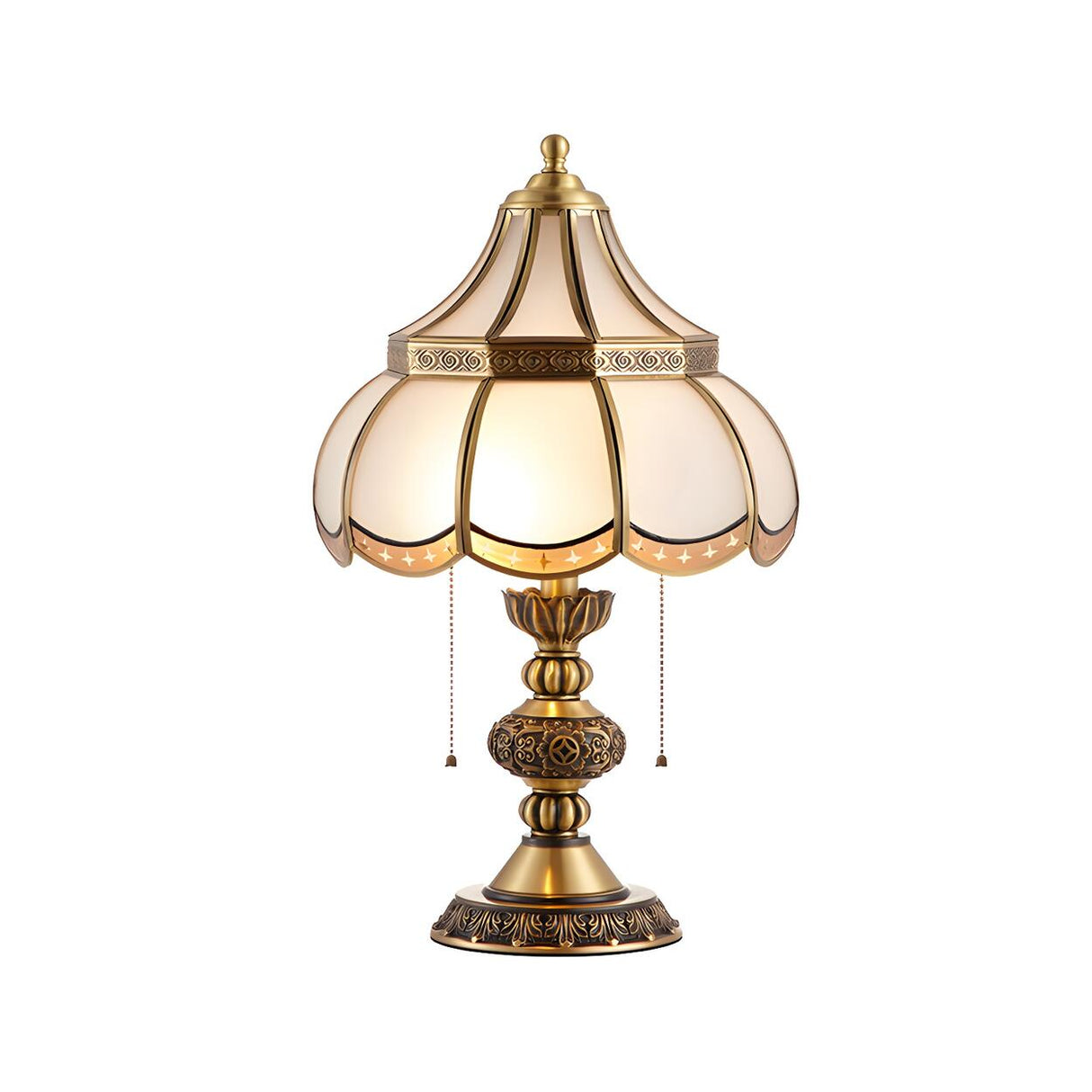 Traditional Brass Scalloped Glass Pull Chain Table Lamp Image - 5