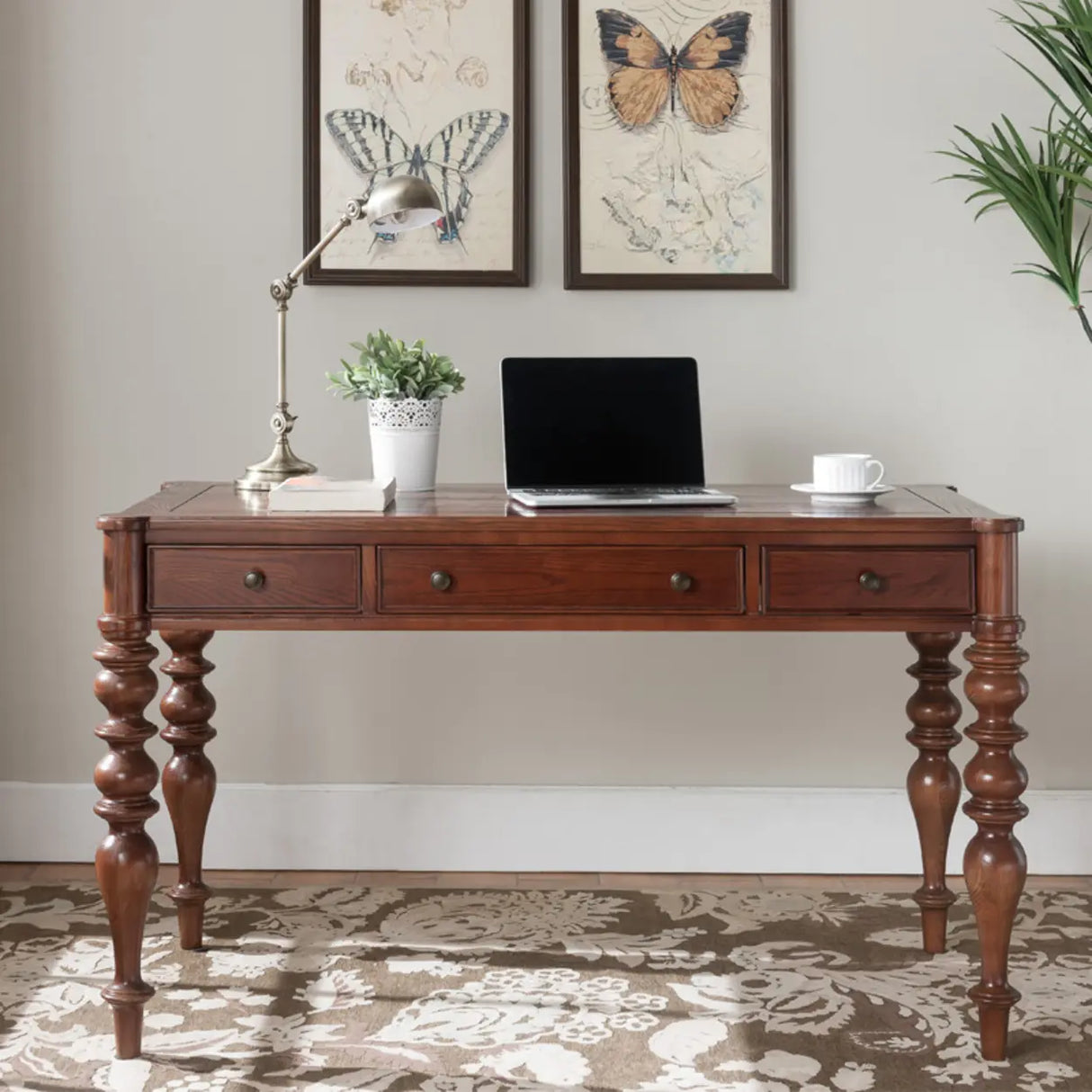 Traditional Brown Rectangle Timber Drawers Writing Desk Image - 3